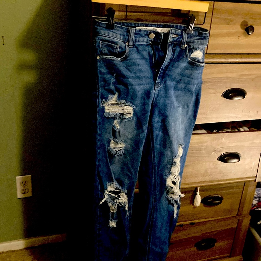 Tinseltown High-rise Mom jeans dark wash distressed.